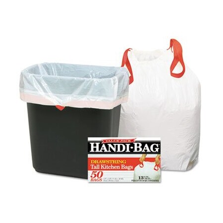 Webster Industries Handi-Bag, DRAWSTRING KITCHEN BAGS, 13 GAL, 0.6 MIL, 24in X 27.38in, WHITE, 50PK HAB6DK50
